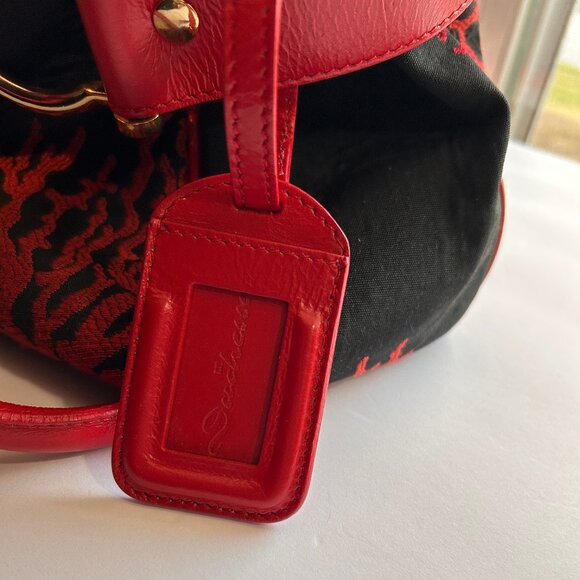 Le Duchesse Made-in-Italy Red Leather & Black Jacquard Tapestry Satchel. - Picture 13 of 14